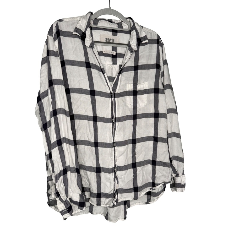 Grayson window pane navy blue and white checkered button down blouse